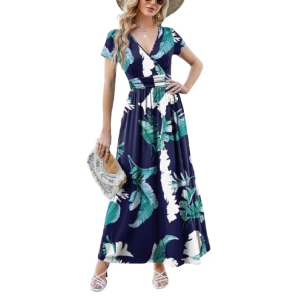 Women’s V Neck Short Sleeve Empire Pleated Waist Maxi Dress - Picture 1 of 7